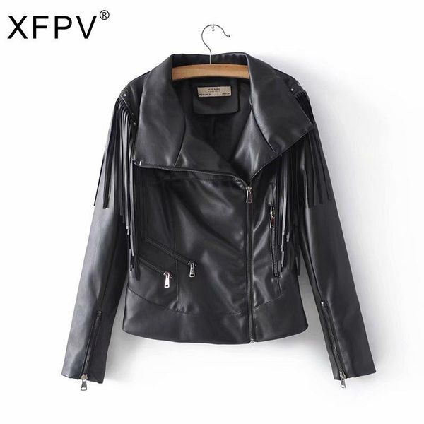 

women's leather & faux xfpv arrival 2021 winter autumn women pu tassel jackets casual lapel long sleeve motorcycle coat sm572, Black