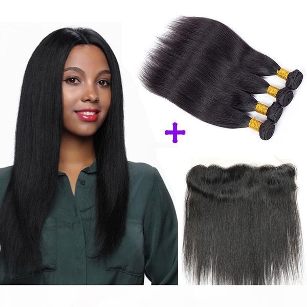 

aliyou brazilian virgin hair peruvian straight human hair weft with ear to ear lace frontal indian straight hair weaves closure with 4 pcs, Black