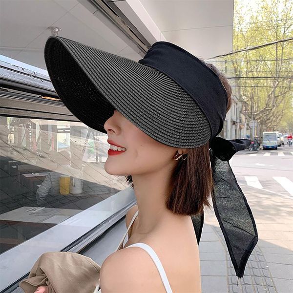 

wide brim hats summer sun women's fashion sunscreen big hat chapeaux de soleil 2021 vacation sunshade bow anti-uv beach outdoor #yj, Blue;gray