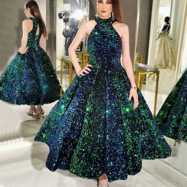 

elegant long halter middle east muslim sequined evening dress robe de soiree sleeveless lace up ball gown prom gowns vestido de festast, Black