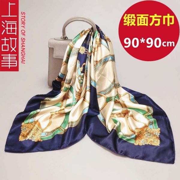 

shanghai story big small silk women autumn winter new versatile satin square scarf 90x90cm, Blue;gray