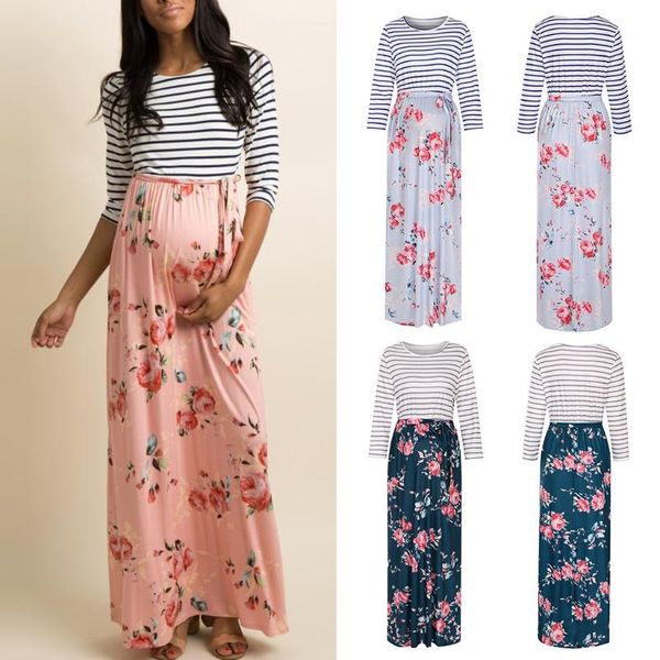 

fashion new pragnancy dresses women maternity 3/4 sleeve striped floral print vest dress with belt ropa maternidad mujer, White