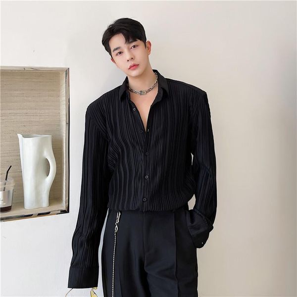 

men's casual shirts pleated fabric striped long sleeve loose vintage fashion streetwear shirt for man black white, White;black