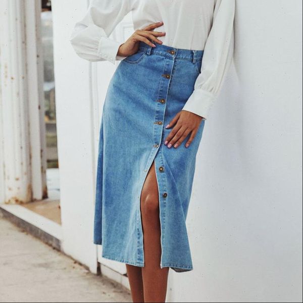 

summer women elegant vintage long skirts womens 2021 retro denim womens washed blue high waist denim skirt female skirts, Black