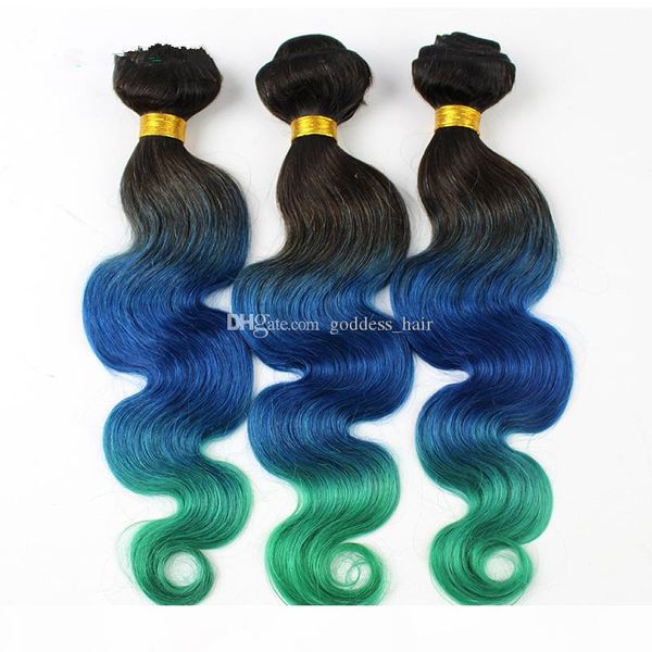 

9a grade brazilian beauty #1b blue green colorded hair extensions 3 tone ombre hair weaves body wave hair bundles 3pcs lot, Black