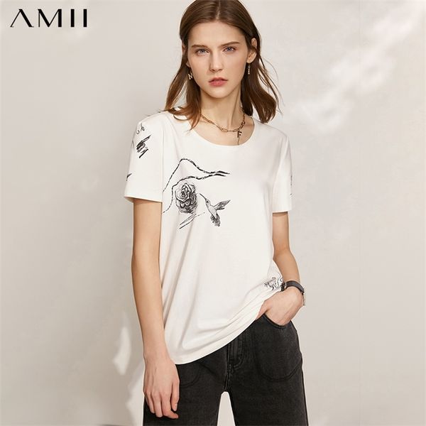 

amii minimalism summer new women's tshirt causal oneck printed short sleeve women's streetwear female tshirt 12140228 210315, White