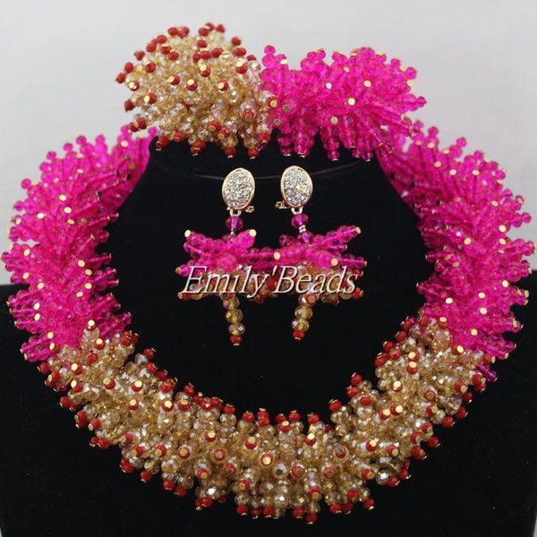 

earrings & necklace handmade african crystal beaded jewelry set chunky fuchsia wedding bridal bracelet aij192, Silver