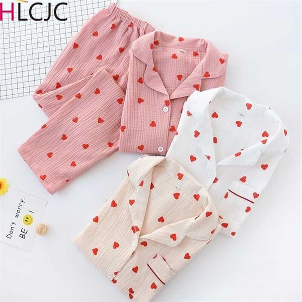 Algodão Crepe Coração Impressão Mulheres Pijama Fino Sleepwaer Pijama Mulheres Macio Solto Pijama Conjunto Casual Manga Longa Pijamas Terno 211112