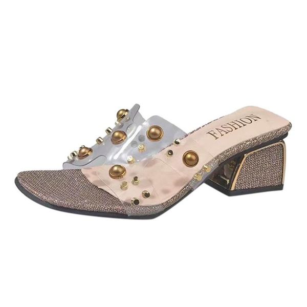 

sagace women sandals summer fashion transparent rhinestone beaded thick heel ladies slippers bohemian style females shoes, Black