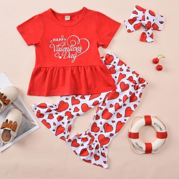

valentine's day infant baby outfits newborn infant baby girls letter print short sleeve dress pants headband clothes sets, White