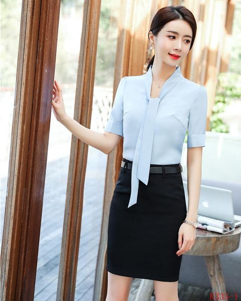 

women's blouses & shirts fashion ladies women business suits with 2 piece skirt and sets summer short sleeve, White