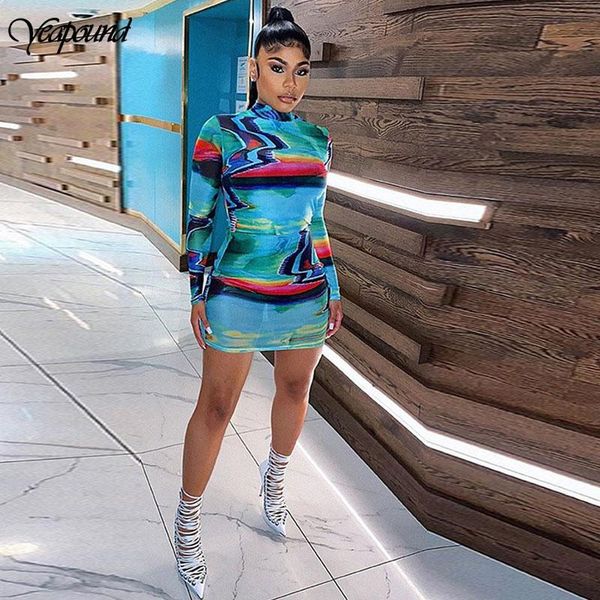 

contrast color print flare sleeve perspective mini dress for women new mesh see through bodycon club dresses, Black;gray