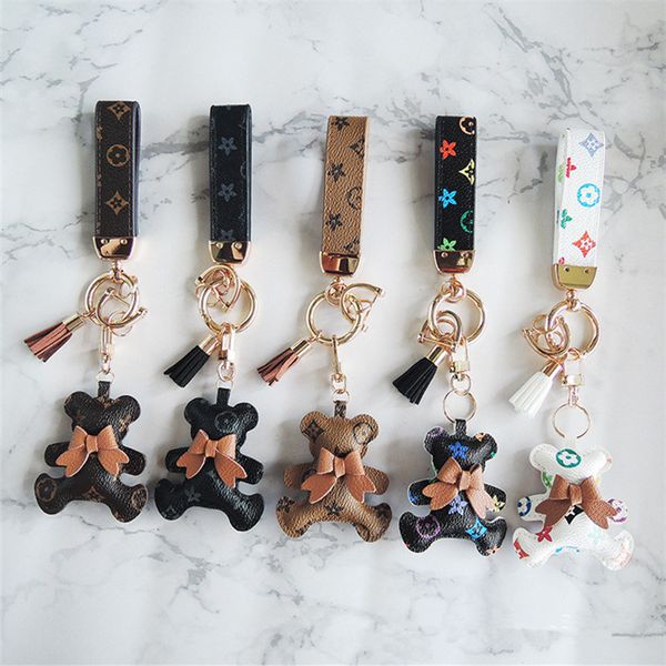 

cartoon bear keychain with bowknot pompon accessories women girls cute keyring pu leather bears designer car key chain holder fashion animal, Blue