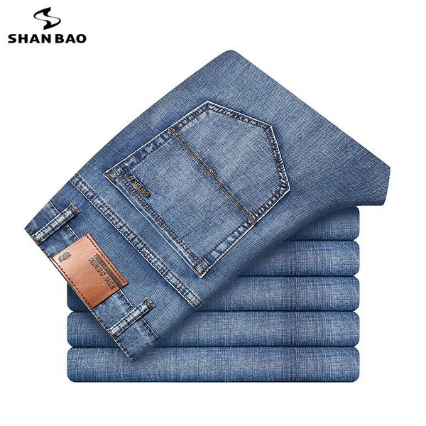 

shan bao classic embroidery lightweight and comfortable cotton stretch straight spring summer fashion casual jeans light blue