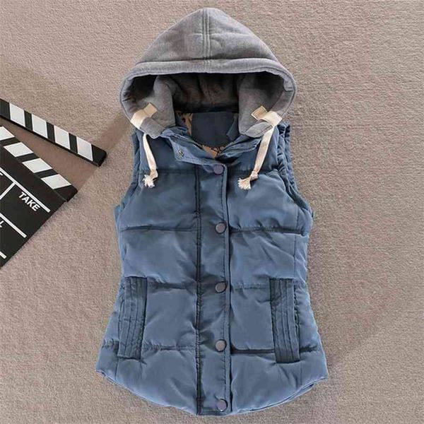 

winter women solid thick vest hooded casual female warm outwear cotton padded office ladies single breasted chaleco mujer 210910, Black;white