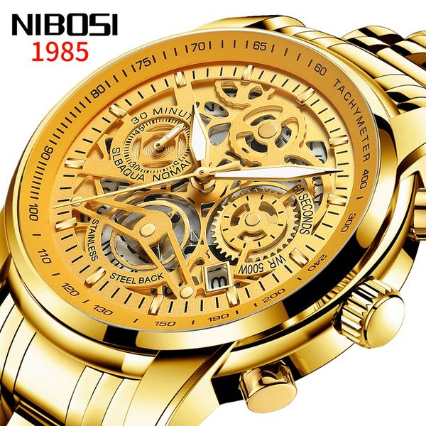 

nibosi mens watches brand luxury golden skeleton men watch business waterproof luminous fashion male clock relogio masculino c0227, Slivery;brown