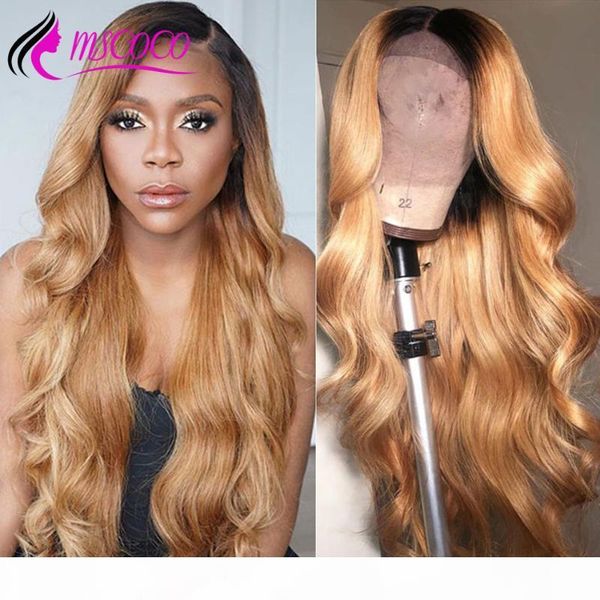 

mscoco 1b 27 ombre body wave lace front wig 13x6 lace frontal wig 200 density honey blonde colored front human hair wigs, Black;brown
