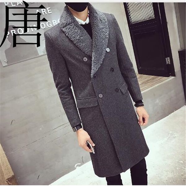 

2021 new brand vintage trench fur collar long coats double breasted mens overcoat slim fit woolen winter jacket qkxk, Tan;black