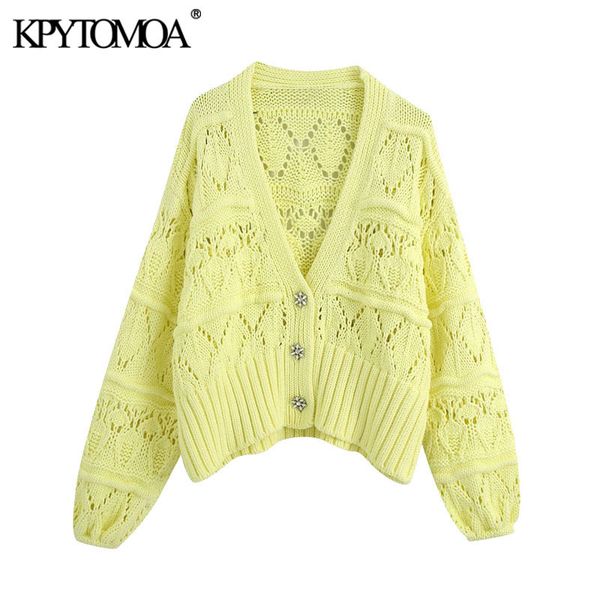 

kpytomoa women fashion bejewelled buttons cropped knitted cardigan sweater vintage puff sleeve female outerwear chic 210218, White;black