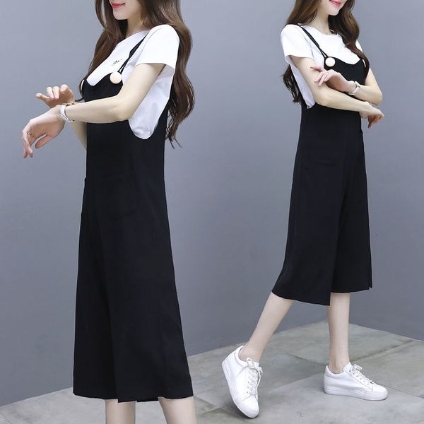 

new women 2021 summer set female short sleeve t-shirt + overall pants outfits ladies fashion casual 2 pieces sets a866szp2, White