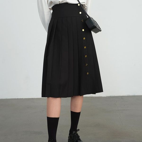 

skirts spring preppy style high waist pleated chic single breasted mid length design women skirt 2021 solid a-line jupe, Black