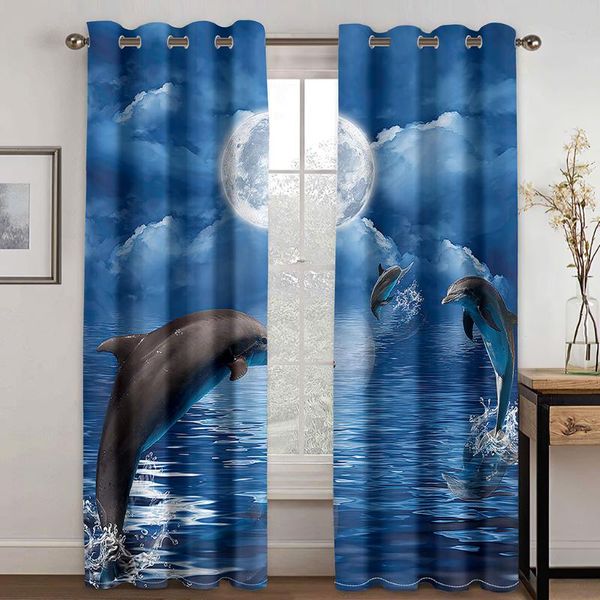 

curtain & drapes home living room shading 90% decorative black dolphin pattern textile decoration bedroom grommet curtains