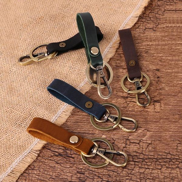 

keychains vintage handmade pull-up cowhide keychain bronze metal keyring women men car pendant keyfob genuine leather accessories, Silver