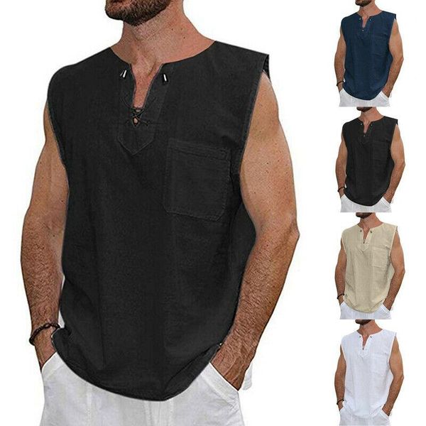 

men's t-shirts fashion sleeveless t-shirt solid loose casual pocket v-neck lace up tee hippie shirts, White;black
