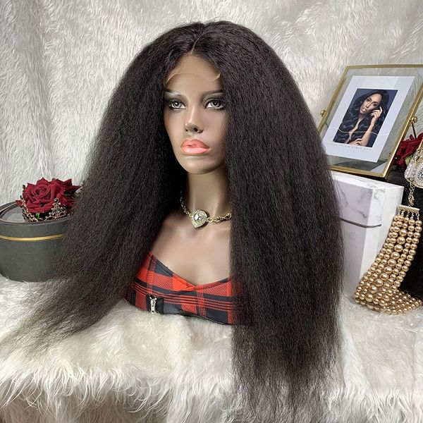 

soft kinky straight 180 density long yaki lace front wig for black women with baby hair synthetic heat resisitant glueless, Black;brown