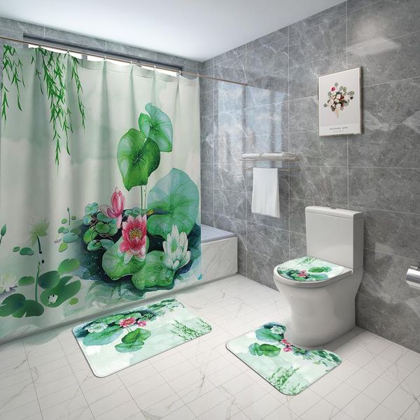 

bath mats scenic printed carpet mat for washroom and shower curtain set toilet seat cover rug washable absorbent