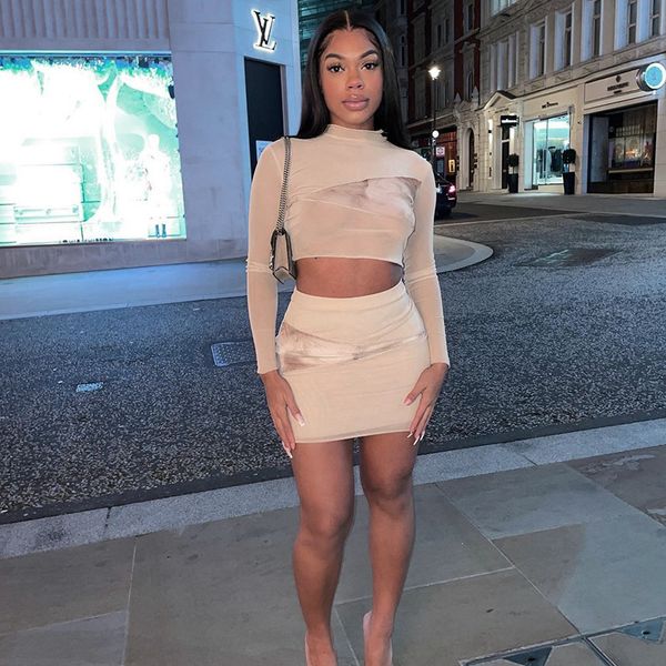 

2021 spring women mesh sheer stitching printed and skirt suit casual two piece set outfits fashion streetwear, White