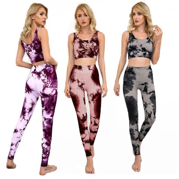 

yoga outfits quick-drying seamless sports suit women tie-dye set breathable fitness clothes gym leggings pants and running, White;red