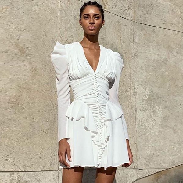 

casual dresses 2021 elegant white fashion dress long sleeve button solid v neck club zipper celebrity party wedding festa, Black;gray