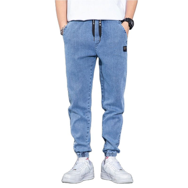 

men's jeans spring and autumn black blue gray straight drawstring workwear street loose xl - 8xl