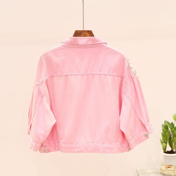 

spring autumn embroidery three sleeve jeans flower beaded short white pink denim jacket women loose basic coat ihvy, Black;brown