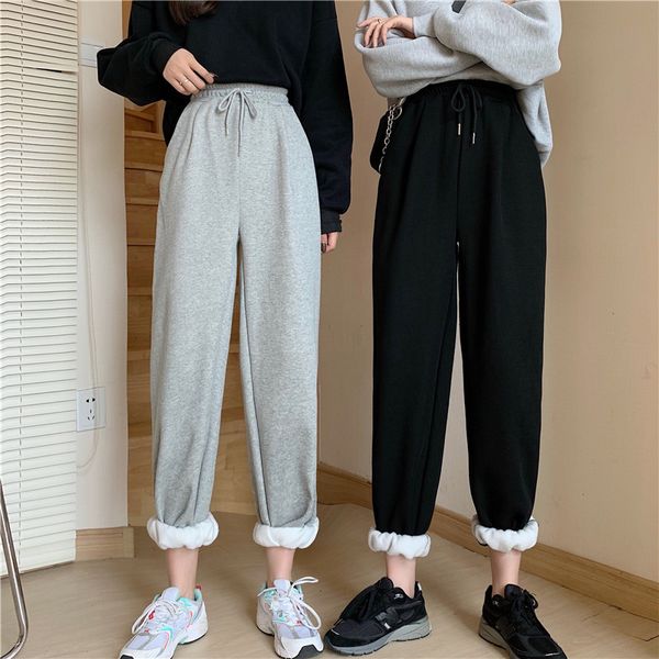 

autumn and winter new female style plus velvet thick grey sports high waist slimming women's casual pants mmt0, Black;white