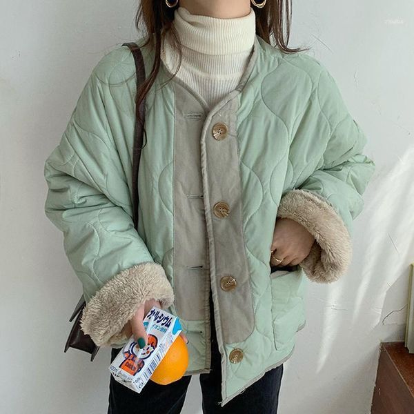 

[ewq]2021 winter thickened minimalist stand collar long-sleeved reversible short jackets solid color cotton padded clothes16q9731, Black