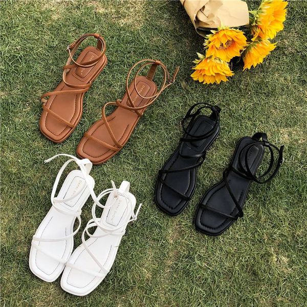 

sandals concise narrow band gladiator women slipper summer beach shoes woman flat open toe sandalias buckle strap sandales femme, Black