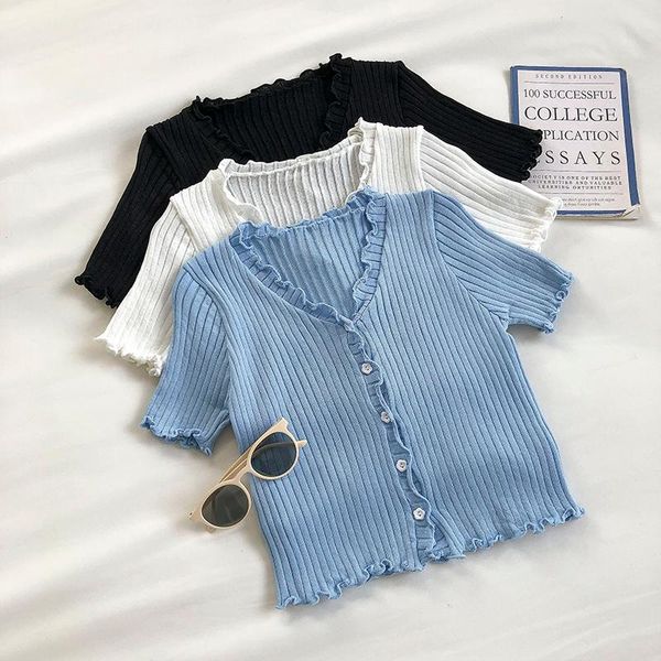 

women's t-shirt sweet v-neck knitted cardigan summer korean temperament short sleeve women blue, White