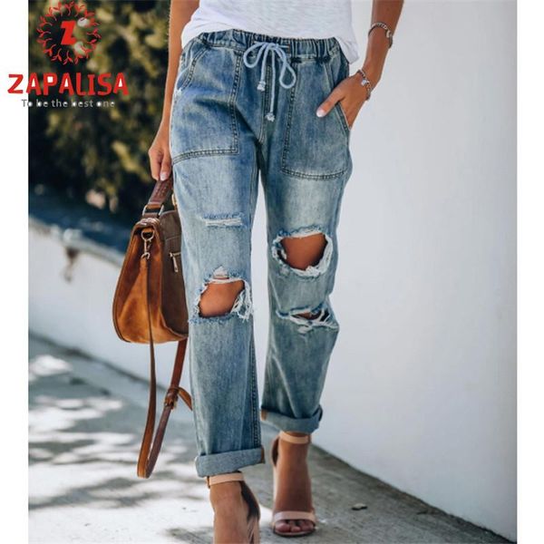 

women's jeans women streetwear ripped hollow out drawstring design pockets decor elastic mid waist casual vintage straight trousers, Blue