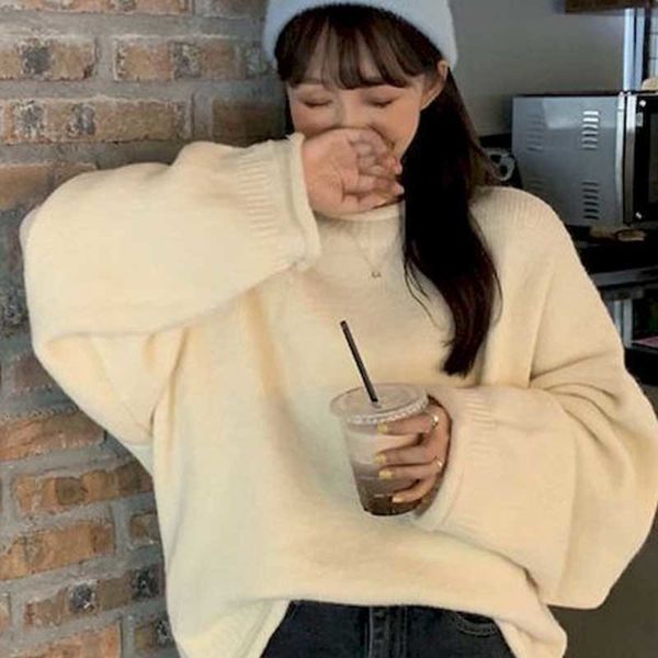 

2021 new half turtleneck sweater long female shirt student autumn/winter loose korean version lazy sweet crimpin color d9gq, White;black