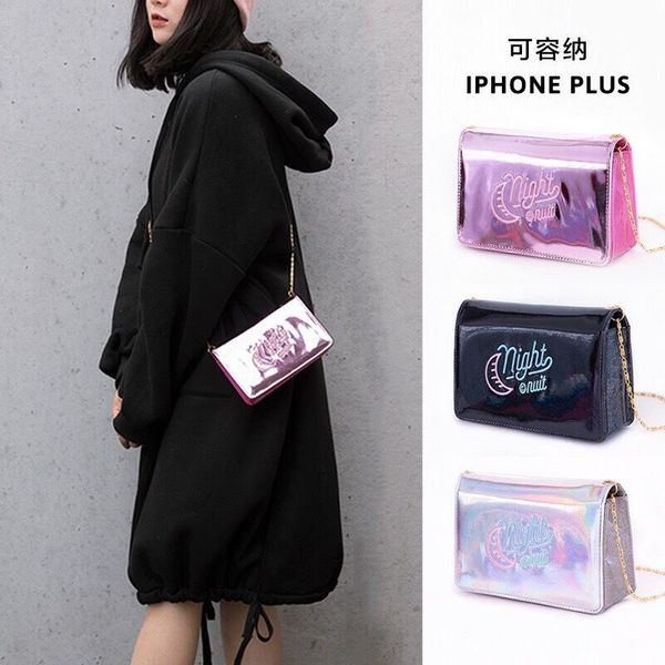 

backpacks bentoy girls messenger bags korea single handbags silvery purple black iron chain package flash laser wallets lady purses