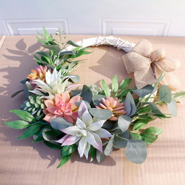 

artificial succulent wreath with knotted bow, for front door hanging wall window wedding party farmhouse home decor