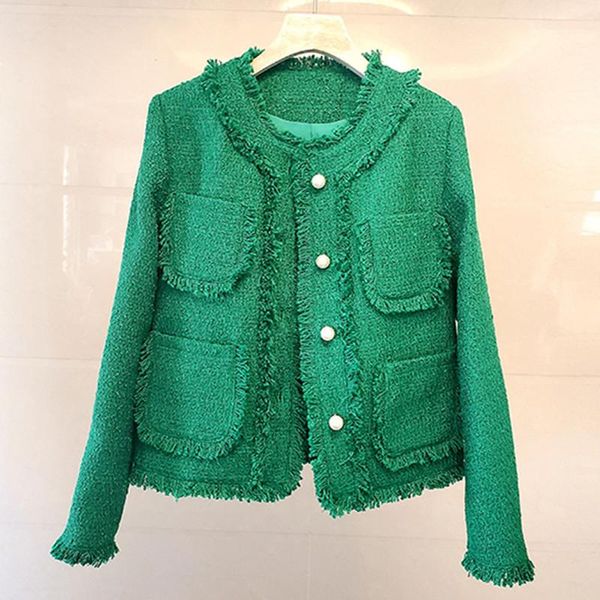 

women's jackets high-end french retro tweed green bomber jacket 2021 autumn small fragrance long sleeve tassel pearl star coat k3395, Black;brown