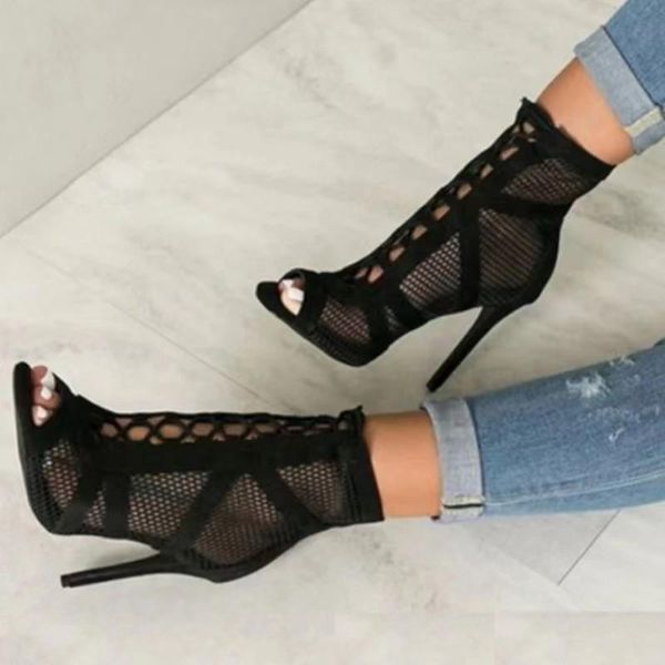 

sandals 2022 summer women's fashionable high heeled shoes mesh hollow plus size, Black