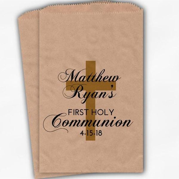 

gift wrap custom first communion favor bags - personalized baptism or religious party black and gold kraft paper treat bag