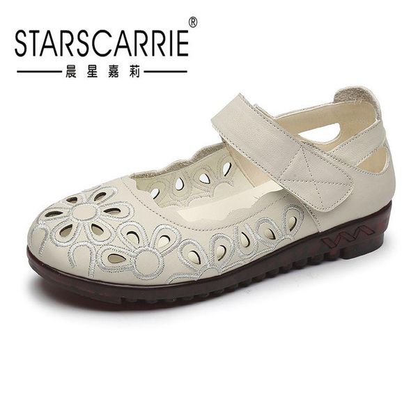 

leather hollow comfortable flat mother size sandals women's summer 2021 new embroidered hole shoes sandals, Black