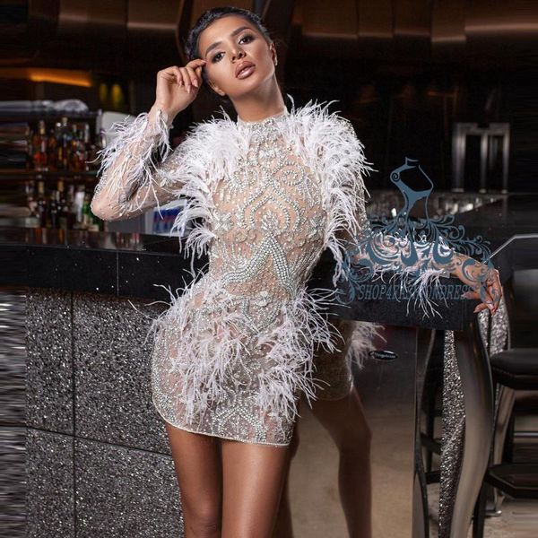 

party dresses see thru high neck crystals short prom gowns luxury beading long sleeves cocktail dress 2021 dubai feather, White;black