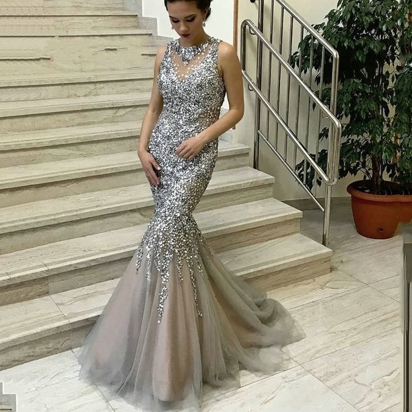 

2021 new robe de soriee sier gray mermaid prom elegant o neck heavy beaded sequin long formal evening women party gown 0jj6, Black;red