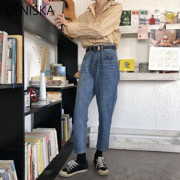 

women's jeans deniska 2021 pants loose mom high waist knee length boyfriend for women feminino mujer, Blue